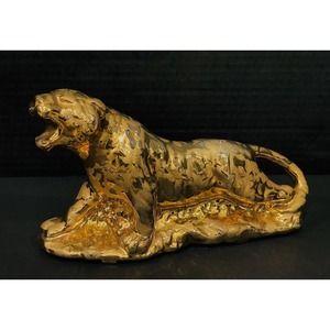 Vintage Weeping Gold Porcelain Jaguar Leopard Panther Figure 24kt Gold Planter